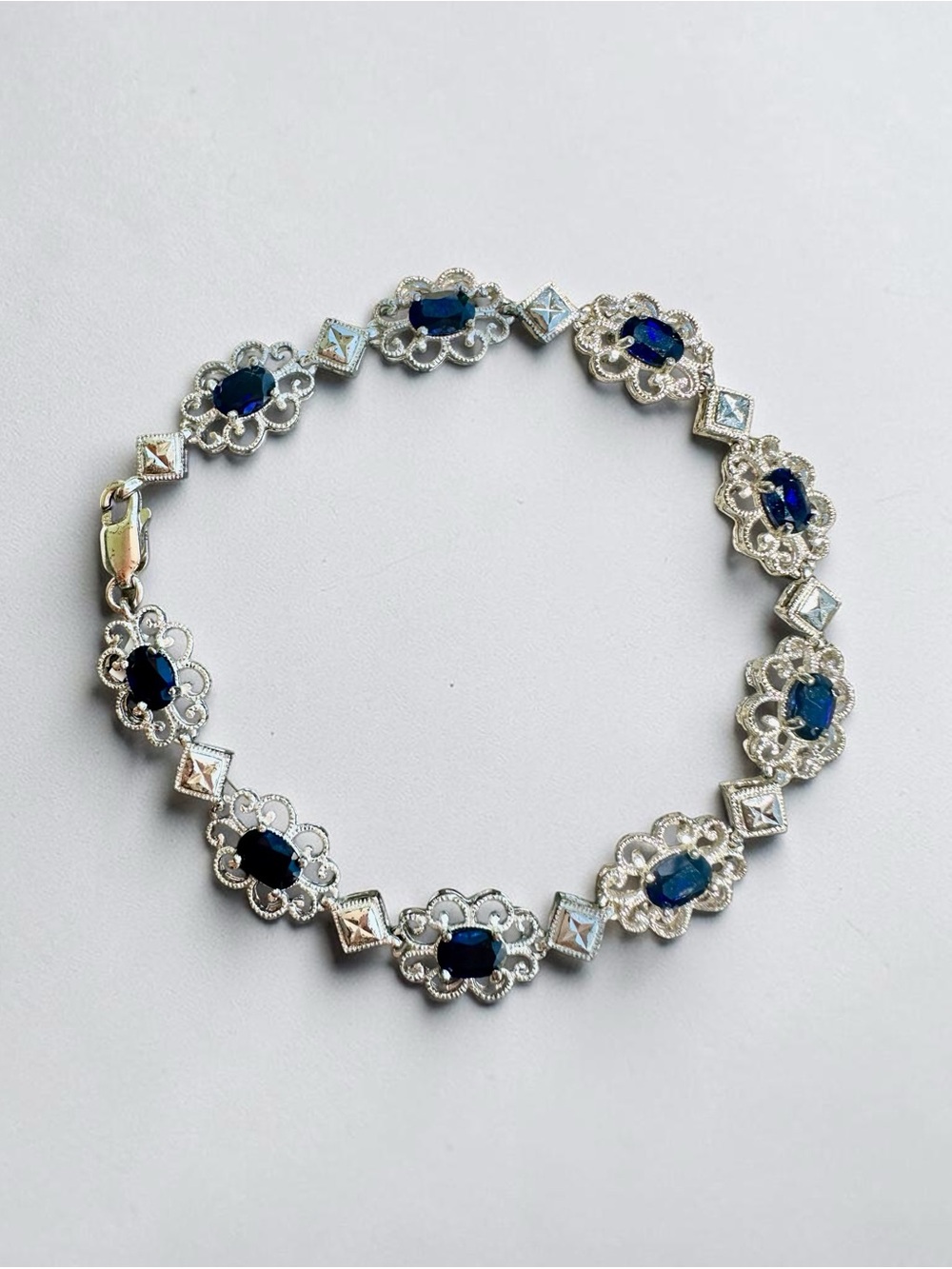 Vintage 925 Silver Blue Sapphire Filigree Link Bracelet 7.5” 8.9g